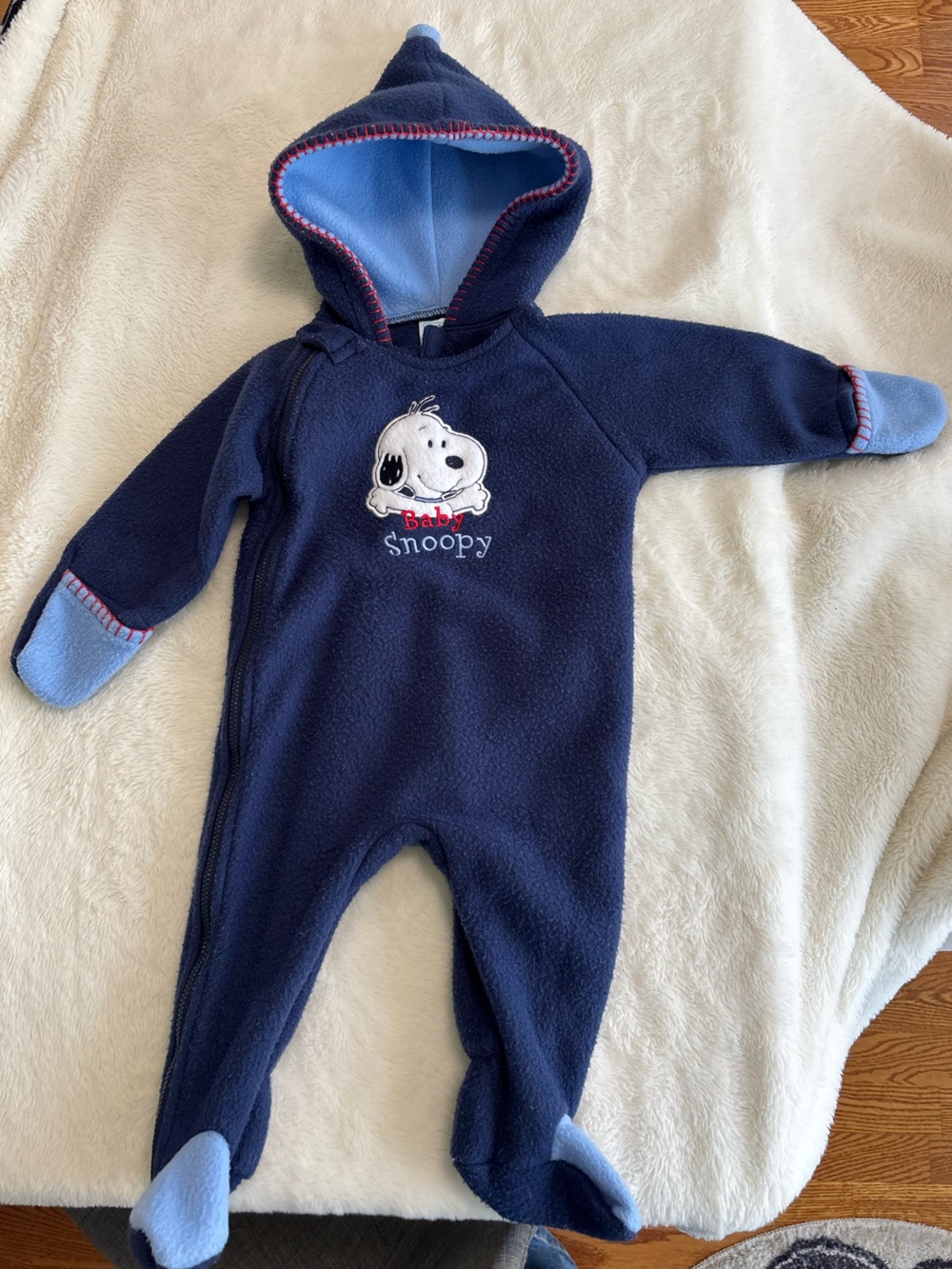 Bay Snoopy vintage 3-6 months baby boy fleece bunting snowsuit jacket navy
